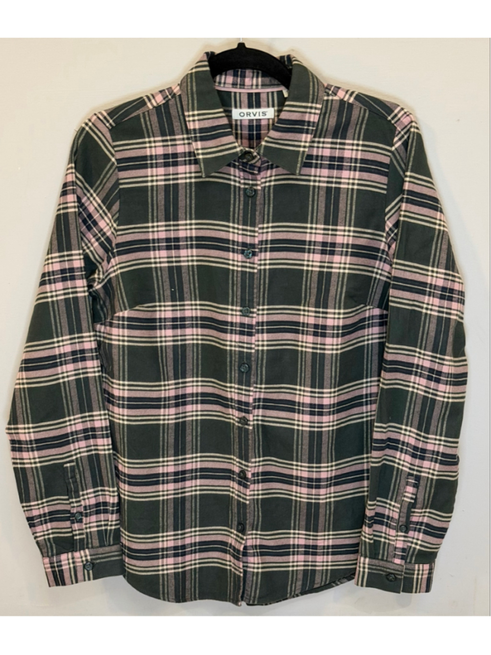 Orvis Women’s Plaid Flannel Shirt Small Green and Pink 100% Cotton Button Down